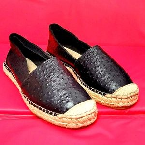 Fabiolas Luxury Black Ostrich Leather Womens Espadrilles Flats size 37 / US 6.5